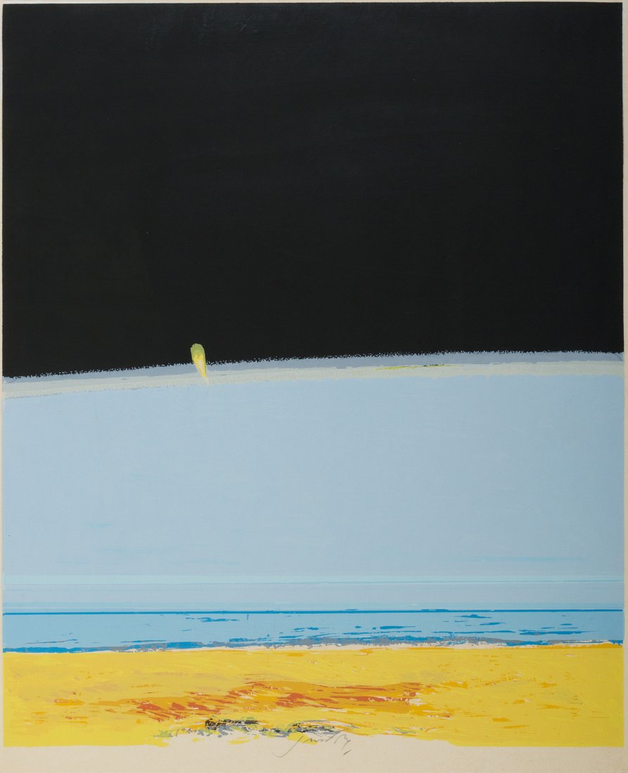 Piero Guccione (Scicli 1935): Spiaggia e mare litografia a colori, es. non numerato, cm 60 x 48 Firma a matita in basso al centro 1 Noteslithograph in colours, not numbered, cm 60 x 48 Signed in pencil lower center