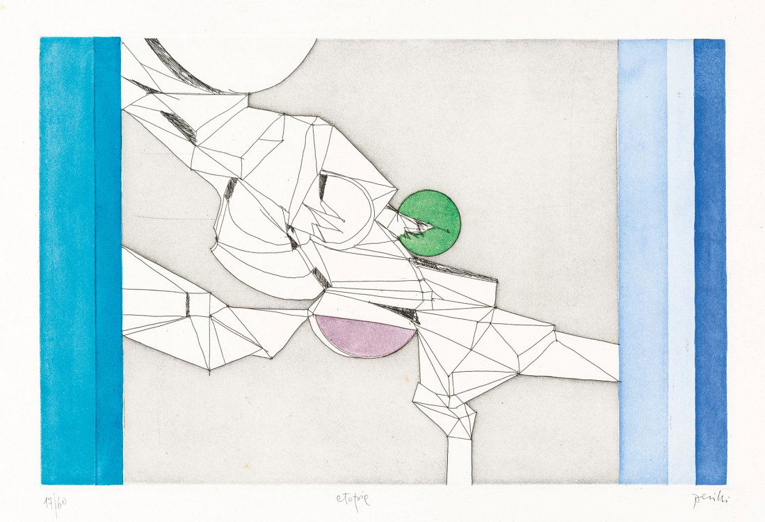 Achille Perilli (Roma 1927): Etopia acquaforte acquatinta, es. 17/60, cm 32 x 49 (cm 50 x 65 misure del foglio) Firma e titolo a matita lungo il margine inferiore In basso a sinistra il timbro a secco dello stampatore Romero, Rom