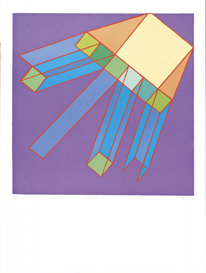 Achille Perilli (Roma 1927): Volitouz, 1982 litografia a colori, es. XVII/XXXXIII, cm 49,5 x 49,5 Firma, data e titolo a matita lungo il margine inferiore Tracce di adesivo cartaceo al verso Leggere fioriture sparse 1 Noteslithog