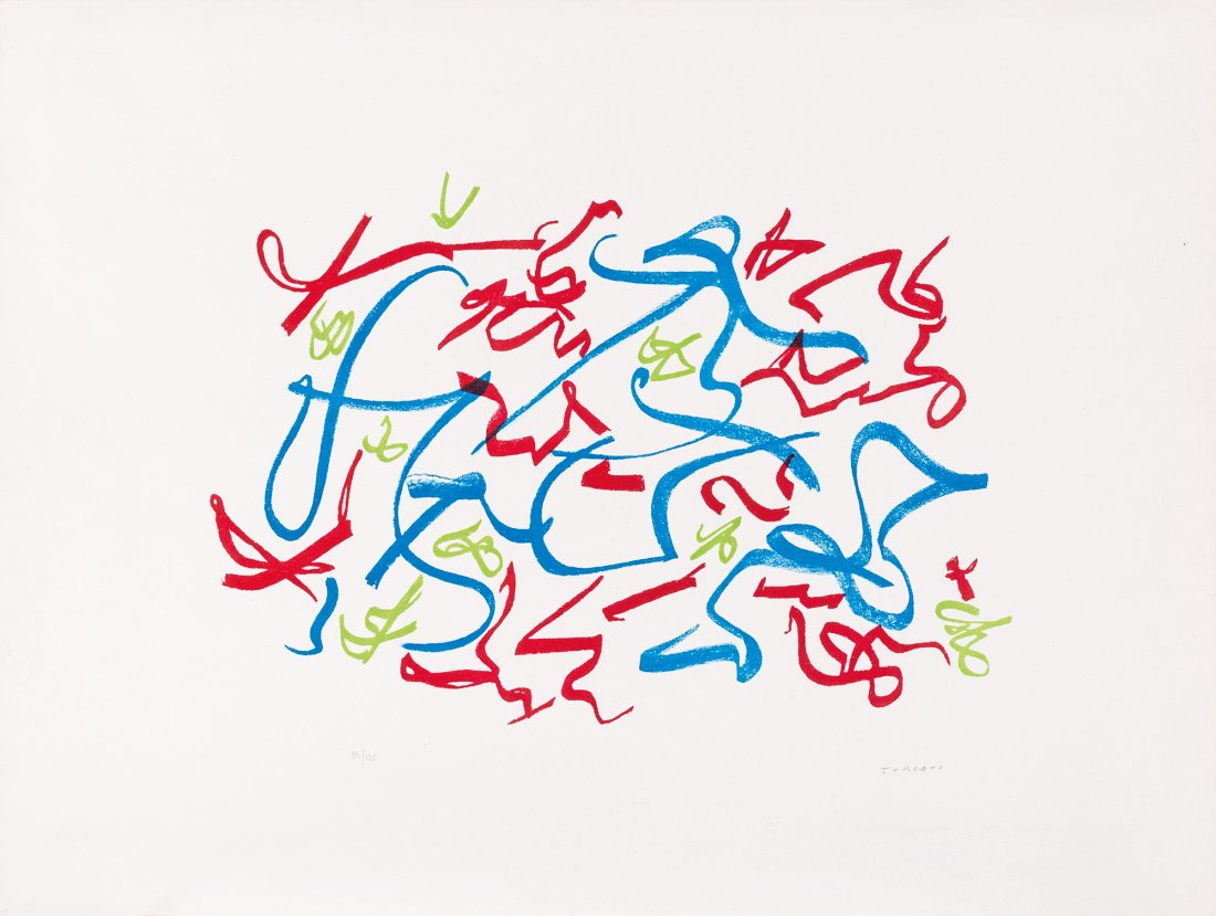 Giulio Turcato (Mantova 1912 - Roma 1995): Composizione rosso, blu e verde litografia a colori, es. 83/135, cm 50,6 x 70 (misure del foglio), (sc) Firma a matita in basso a destra 1 Noteslithograph in colours, numbered 83/135, cm 50,6 x 70 (pa