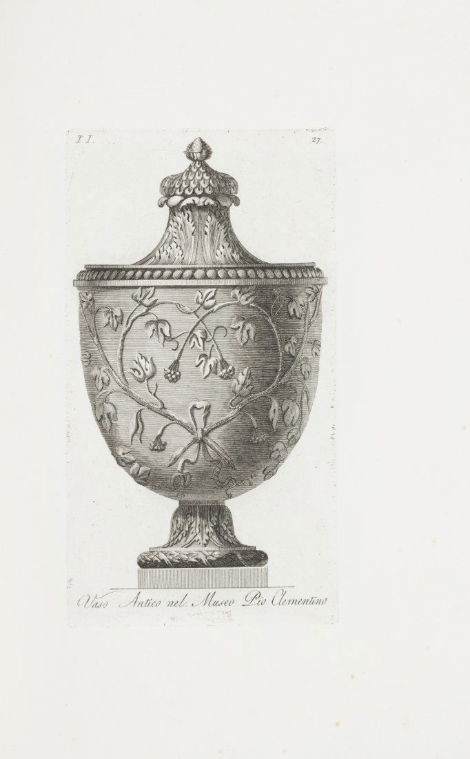 Antonini, Carlo: Manuale di varj ornamenti [...] serie de' vasi antichi Roma, Stamperia De Romanis, 1821. In 2º. Il solo volume primo. Frontespizio, 30 pagine di testo, con 71 tavole a piena pagina finemente incise i