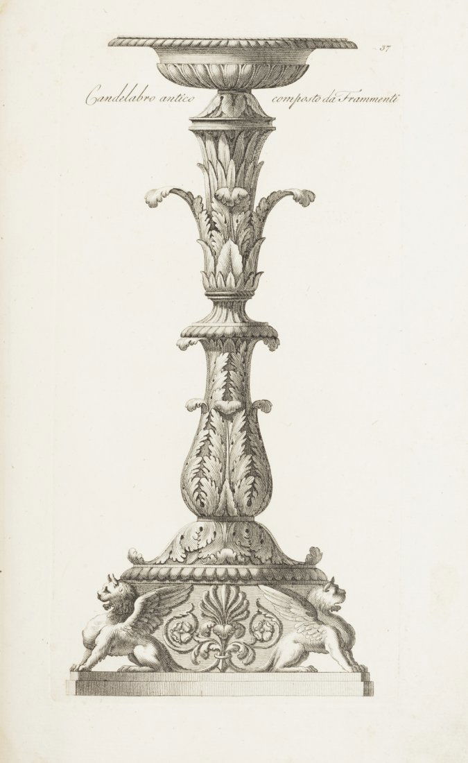 Antonini, Carlo: Manuale di varj ornamenti tratti dalle fabbriche, e frammenti antichi Roma, dalle stampe del Barbiellini alla Minerva, 1790. In 2°. Solo voll. III e IV. Vignette calcografiche ai frontespizi, in cias