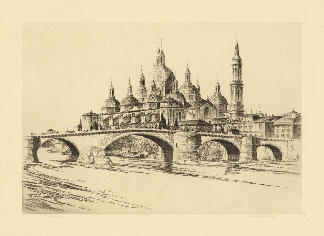 John Taylor Arms, Original Signed Etching: Title: Virgen Del Pilar, Zaragoza. John Taylor Arms (1887-1953) Medium: Etching, 1928. Edition 20. Signed and dated in pencil. Inscribed "private collection." Image size 10 5/8 x 15 1/2" (272 x 3
