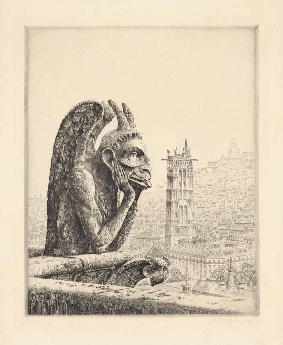 John Taylor Arms, Le Penseur Notre Dame, Etching: Title: Le Penseur de Notre Dame. John Taylor Arms (1887-1953) Medium: Etching, 1923. Edition 150. Signed and dated in pencil. The finest of the gargoyle series. Image size 12 3/8 x 9 7/8" (31.5 x
