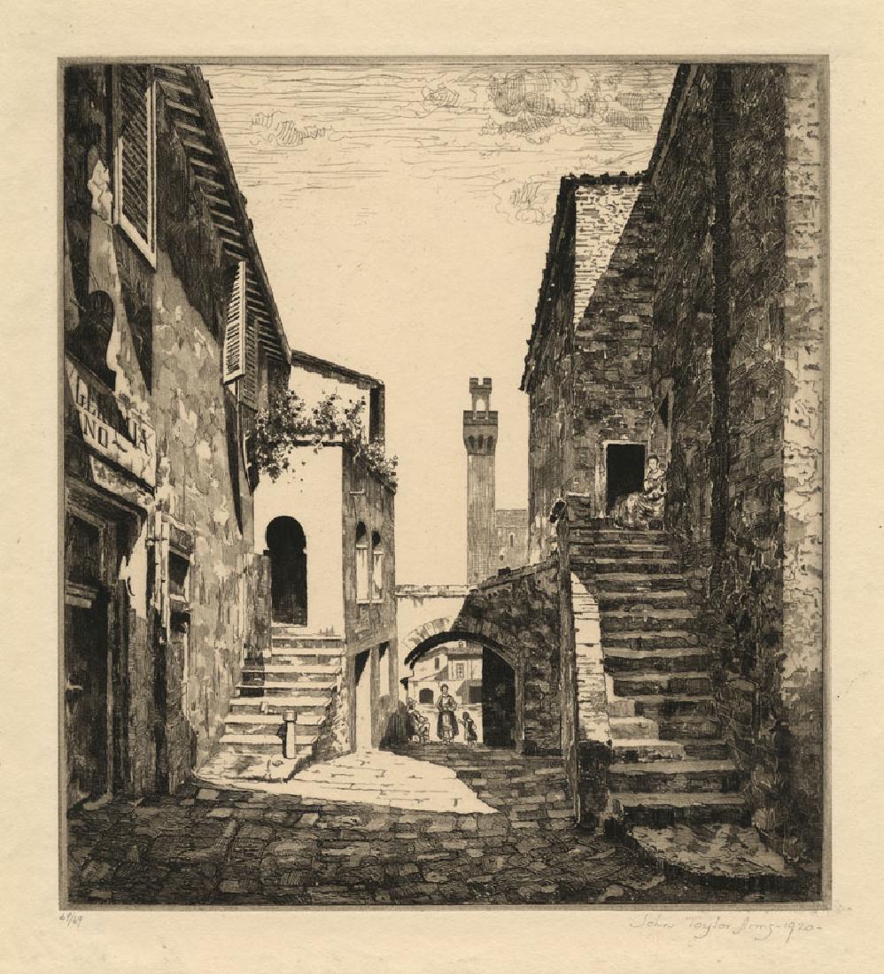 John Taylor Arms, Courtyard, Italy , Etching: Title: Old Courtyard, Italy. An, Also called "Italian Courtyard." John Taylor Arms (1887-1953) Medium: Etching, 1920. Edition 100 color + 75 black & white. Signed and dated in pencil, inscribed "6