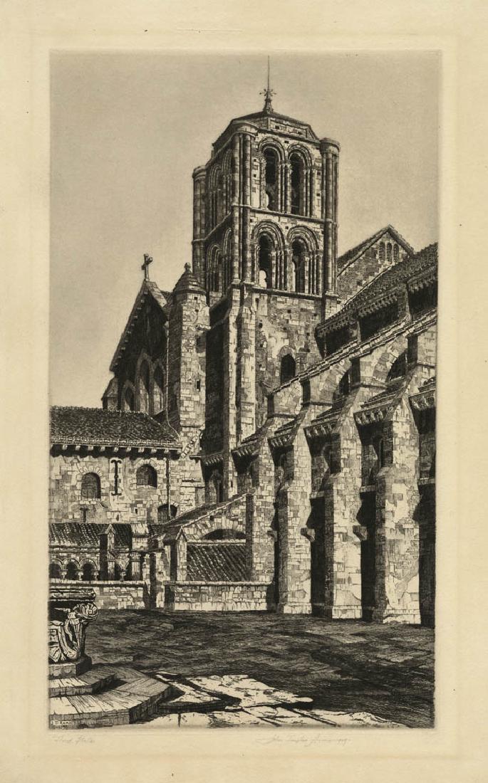 John Taylor Arms, Basilica Madeleine, Etching: Title: Basilica of the Madeleine, Vezelay. John Taylor Arms (1887-1953) Medium: Etching, 1929. Edition 130. Signed and dated in pencil, inscribed "Third State." French Church Series #28. Image si
