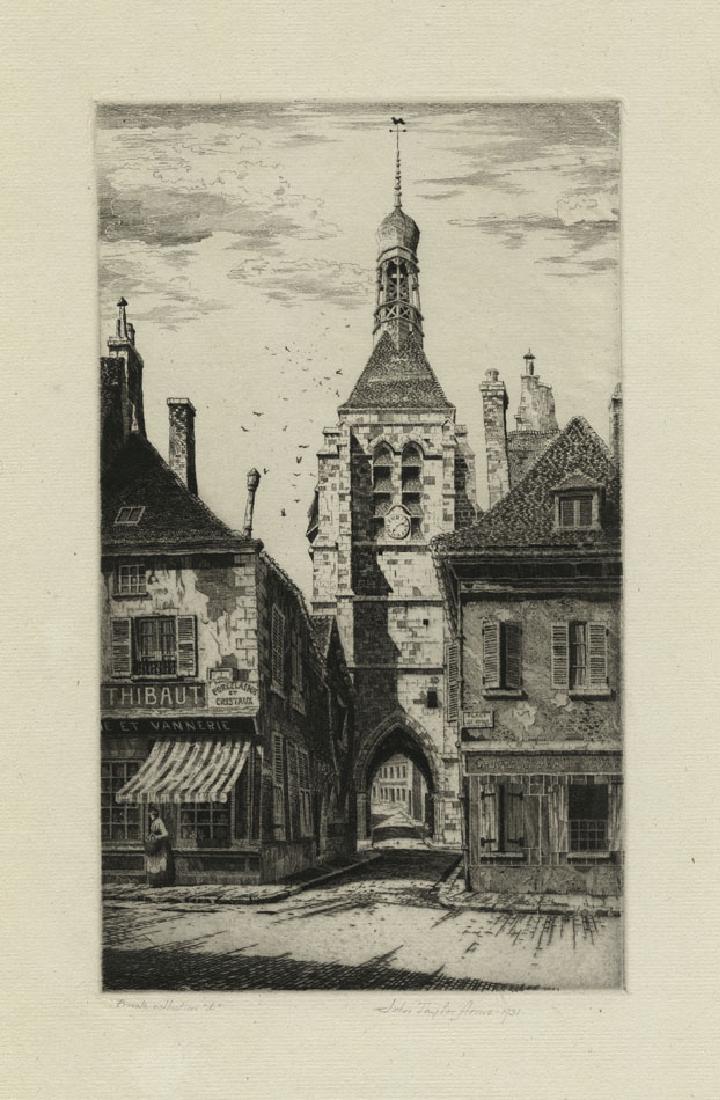 John Taylor Arms, Notre Dame du Val, Etching: Title: La Tour Notre Dame du Val, Provins. John Taylor Arms (1887-1953) Medium: Etching, 1931. Edition 155. Signed and dated in pencil. Inscribed "Privated collection 'd.'" Image size 8 5/8 x 5 1/