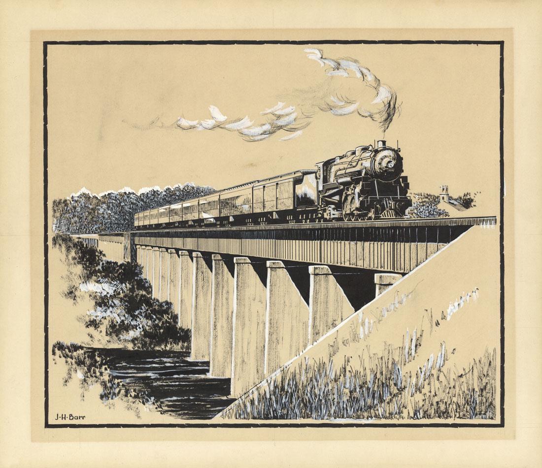 J. H. Barr, Locomotive on Bridge, Drawing. (1 of 2)
