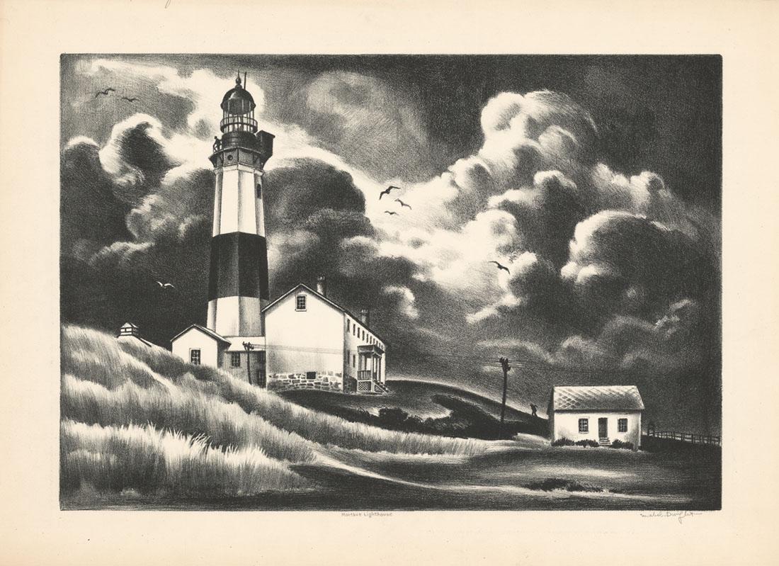 Mabel Dwight, Montauk Lighthouse, Lithograph: Title: Montauk Lighthouse. (Montauk light). Mabel Dwight (1875-1955) Medium: Lithograph, 1937. Edition 25. Signed and titled in pencil. According to Robinson some impressions are stamped WPA, this