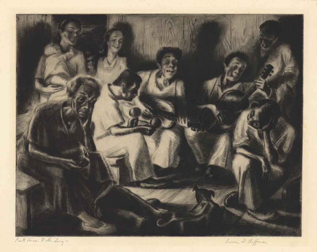 Irwin D. Hoffman, Puerto Rican Folk Song, Etching: Title: Puerto Rican Folk Song. Irwin D. Hoffman (1901-1989) Medium: Etching, 1938. Signed and titled in pencil. Edition 250. Published by Associated American Artists. Image size 10 3/4 x 13 3/4"