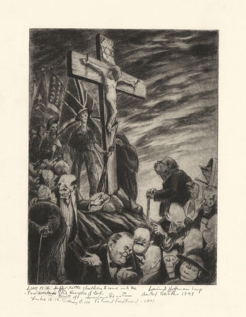 Irwin D. Hoffman, Suffer Little Children, Etching: Title: Suffer Little Children to Come unto Me for Such is the Kingdom of God. Luke 18:16. Irwin D. Hoffman (1901-1989) Medium: Etching, 1947. Signed and titled in pencil. Edition unknown. Image si