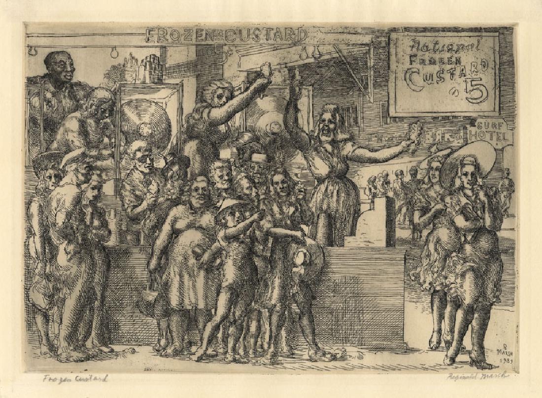 Reginald Marsh, Frozen Custard, Original Etching: Title: Frozen Custard. Reginald Marsh (1898-1954) Medium: Etching, 1939. Recorded impressions 18. Signed and titled in pencil. Signed "R. Marsh 1939" in plate. Image Size 6 15/16 x 9 13/16" (17.6