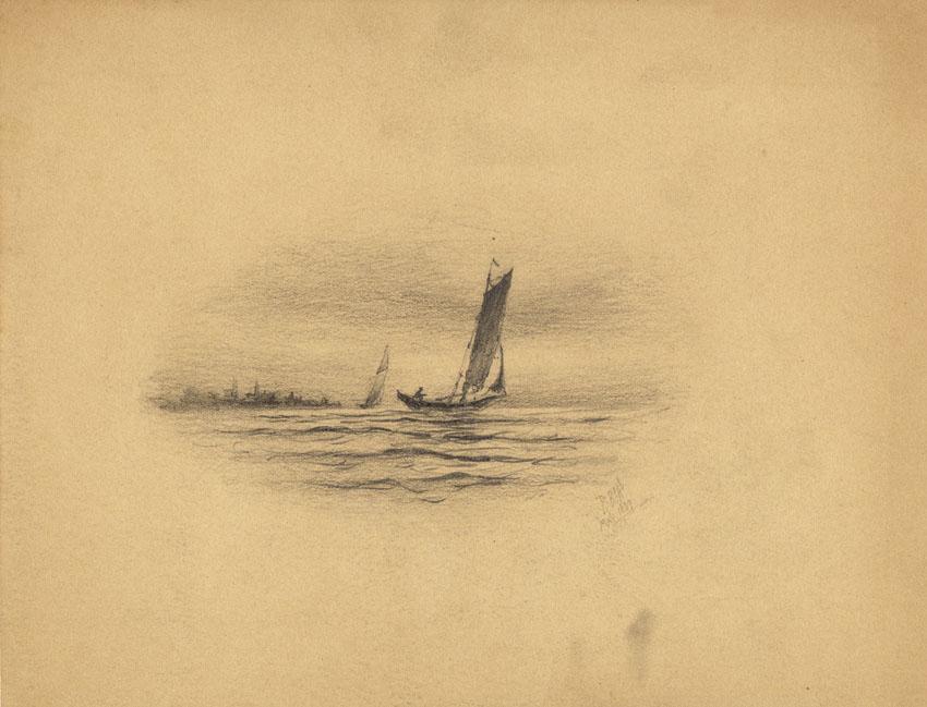 Reynolds Beal, Sailing, Pencil Drawing: Title: Sailing. [Untitled]. Artist: Reynolds Beal (1867-1951). Medium: Pencil drawing, May 1889. Paper size 6 7/8 x 8 15/16" (17.4 x 22.7 cm). Description: Signed and dated in the lower right marg