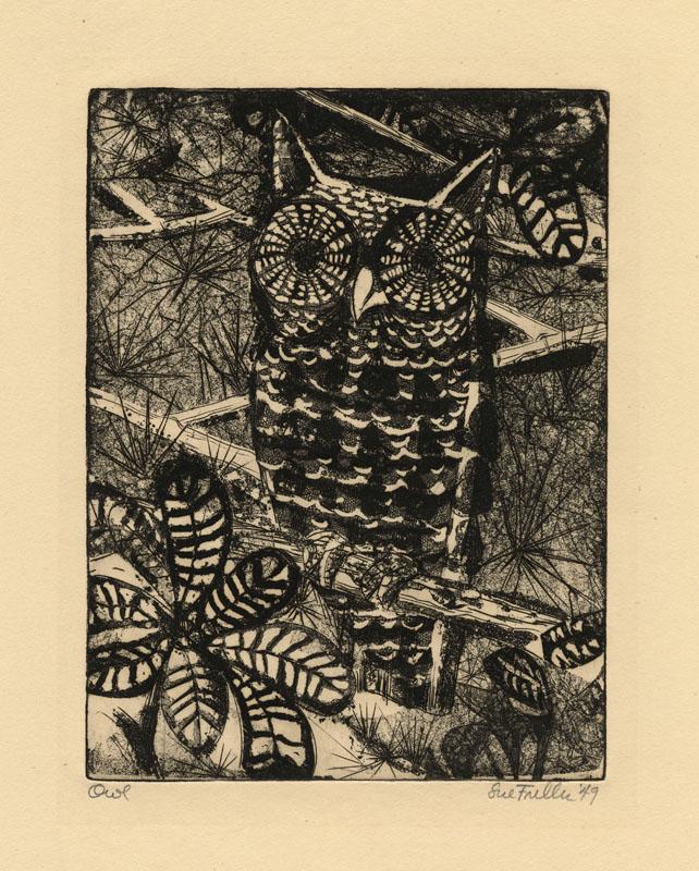 Sue Fuller, Owl, Intaglio and Soft Ground: Title: Owl. Artist: Sue Fuller (1914-2006). Medium: Intaglio with soft ground, 1949. Image size 7 7/8 x 5 15/16" (20 x 15.1 cm). Description: Signed, titled and dated in pencil.
