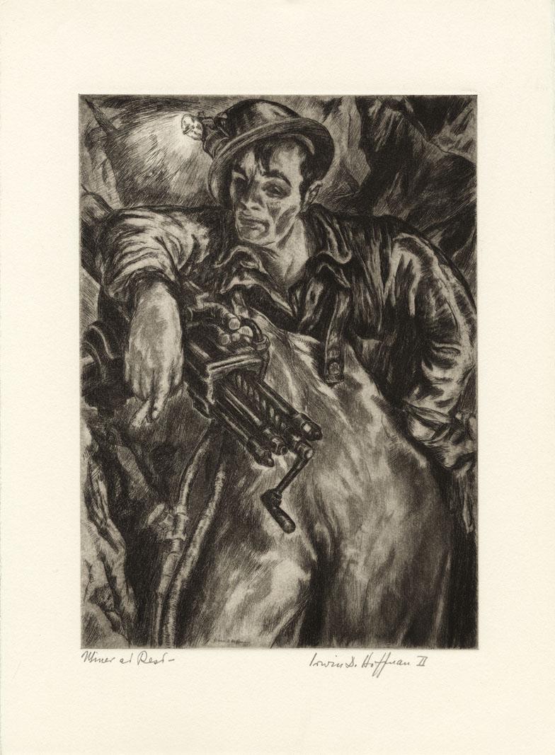 Irwin D. Hoffman, Miner at Rest, Etching: Title: Miner at Rest. Artist: Irwin D. Hoffman (1901-1989). Medium: Etching, 1937 (1975). Edition 50. Image size 10 7/8 x 7 3/4" (27.5 x 19.7 cm). Description: Signed and titled in pencil. The edi