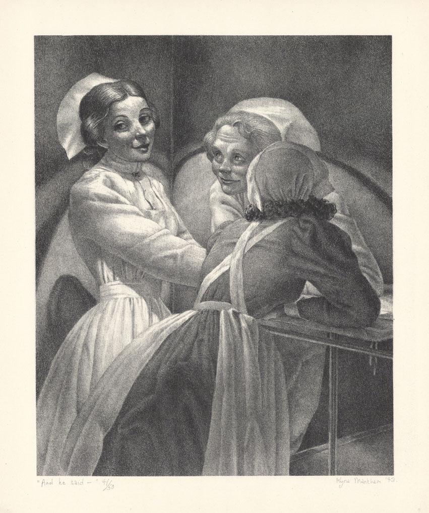 Kyra Markham, And He Said, Lithograph: Title: And He Said. Kyra Markham (1891-1967) Medium: Lithograph, 1943. Edition 50. Signed, titled and dated in pencil. Inscribed "4/50." Image size 12 7/8 x 9 3/4" (308 x 249 mm). Kyra Markham (18