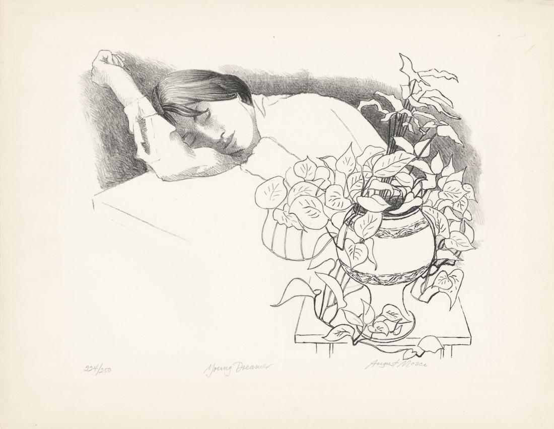 August Mosca, Young Dreamer, Lithograph: Title: Young Dreamer. Artist: August Mosca (1905-2003) Medium: Lithograph, 1976. Edition 250.Published by Associated American Artists.Description: Signed and titled in pencil, inscribed “224/