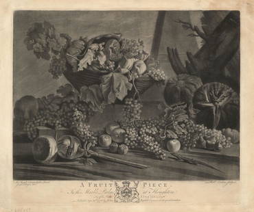 Michelangelo Pace, Earlom, Original Mezzotint: Title: A Fruit Piece. In the Marble Parlour at Houghton. Artist: Michelangelo Pace (ca.1610-1670 ) Engraver: Richard Earlom. On the print: M. Angelo Campidogio pinxit. Joseph Farington delint. Richd