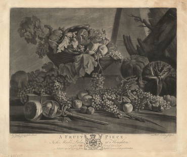 Michelangelo Pace, Earlom, Original Mezzotint: Title: A Fruit Piece. In the Marble Parlour at Houghton. Artist: Michelangelo Pace (ca.1610-1670 ) Engraver: Richard Earlom. On the print: M. Angelo Campidogio pinxit. Joseph Farington delint. Richd