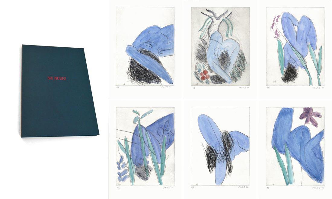 Matt Phillips, Six Nudes, Original Etchings: Title: Six Nudes. Matt Phillips (1927-2017) Medium: Etchings, hand-colored, 2006. Edition 6; 3 black and white, 3 handcolored Each etching is signed, dated and inscribed "3/3" in pencil. Loose in