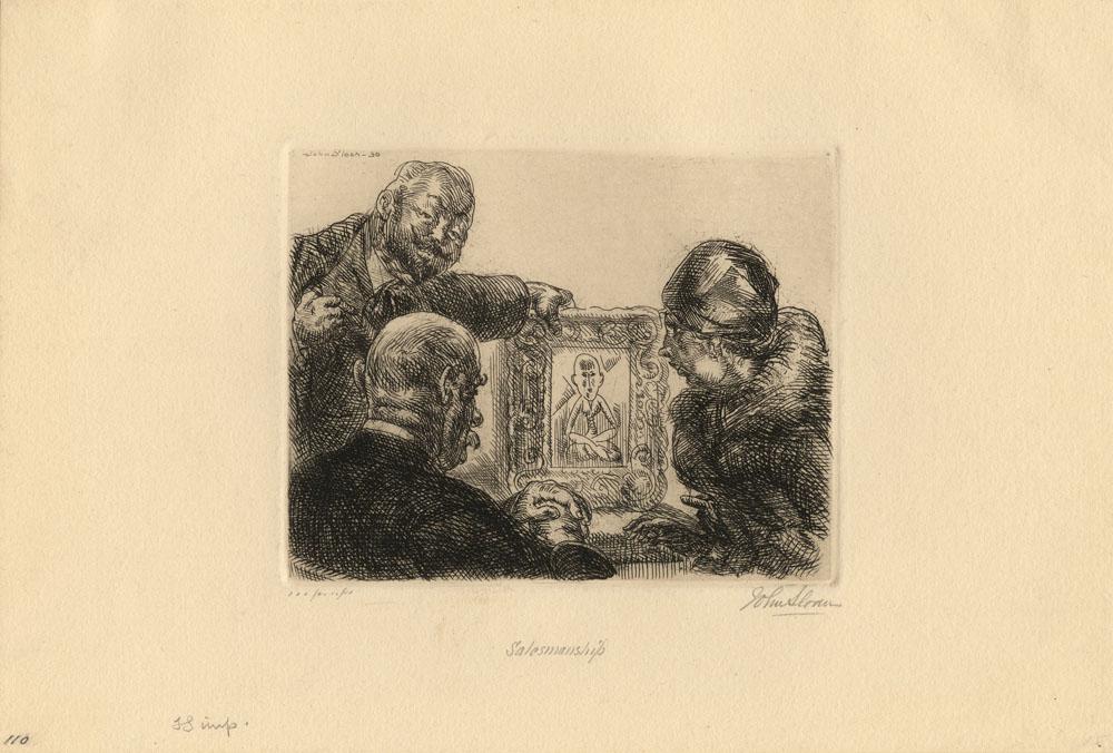 John Sloan, Etching, Salesmanship: Title: Salesmanship. [Tompkins Square Park.] John Sloan (1871-1951) Medium: Etching, 1930. Edition 100, printing 85. Signed, titled and inscribed "100 proofs" in pencil. Also inscribed "JS Imp." A rar