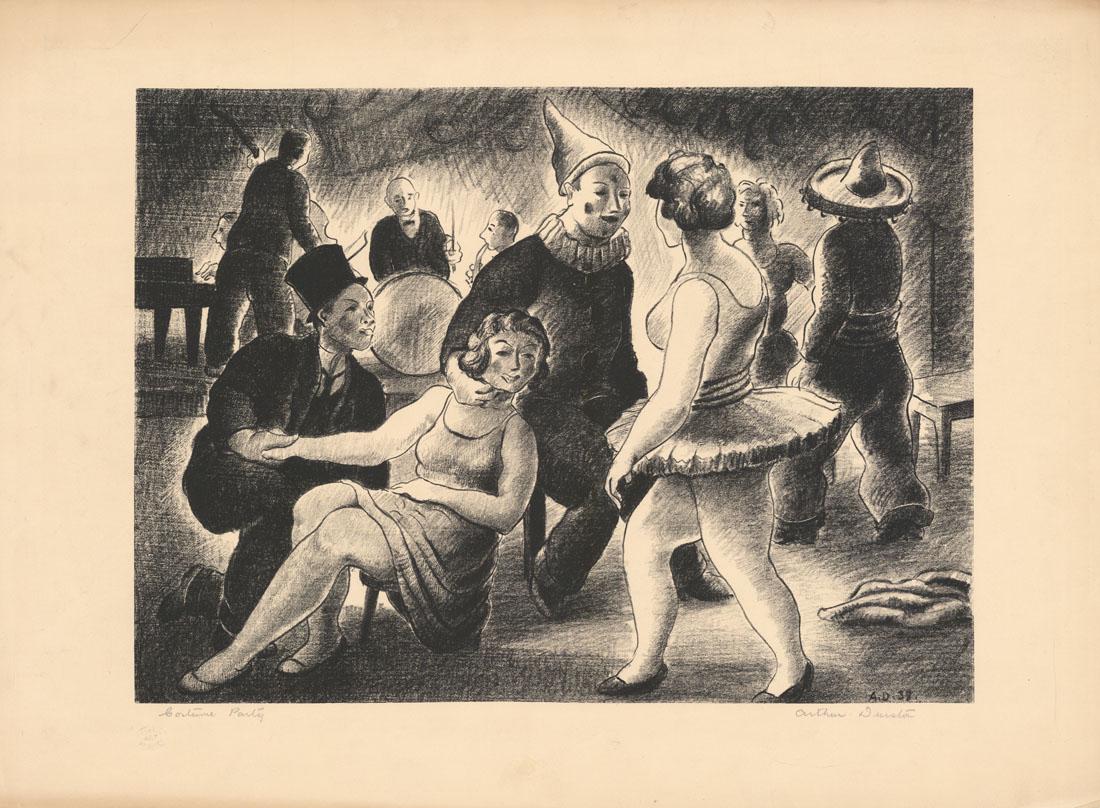 Arthur Durston - Costume Party - Lithograph: Title: Costume Party. Arthur Durston (1889-1938) Lithograph, 1938. Signed and titled in pencil. Blind stamp lower left "Federal Art Project." Edition 25. Image Size: 12 1/16 x 16 1/2 inches (30.7 x