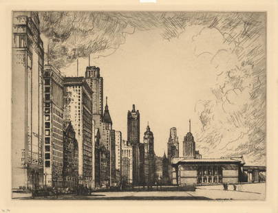 MacLaughlan Etching Michigan Avenue, Chicago: Title: Michigan Avenue No.2 [Chicago]. Donald Shaw MacLaughlan (1876-1938) Etching, 1931. Edition unknown. Signed in pencil. Image size 10 7/8 x 14 3/4 inches (27.62 x 37.46 cm). Born in