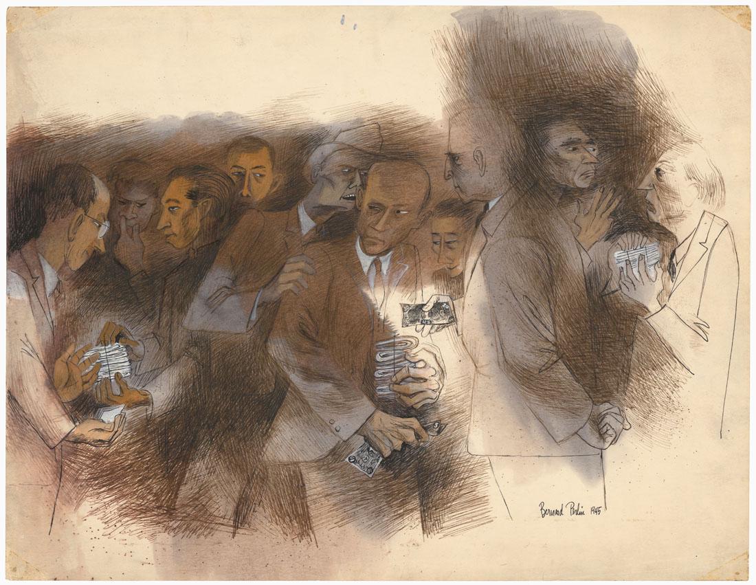 Bernard Perlin, Deal Makers. [untitled], Drawing: Title: Deal Makers. [untitled]. Bernard Perlin (1918-2014) Watercolor and pen & Ink, 1945. Signed and dated in ink, lower right. Paper size 15 3/8 x 19 7/8 inches (39.1 x 50.6 cm). Bernard Perlin (1