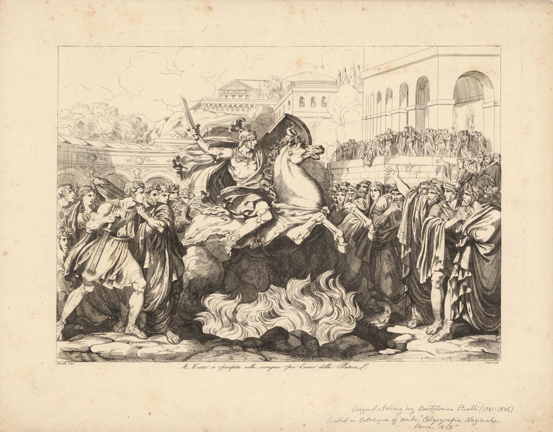 Bartolomeo Pinelli Engraving Roman Emperor: Title: M. Curleo se oprecipita nell voragine per l'amor della Patria. Bartolomeo Pinelli (1781-1835). Engraving, undated c.1820. Image size 11 7/8 x 16 3/4 inches (30.16 x 42.54 cm).