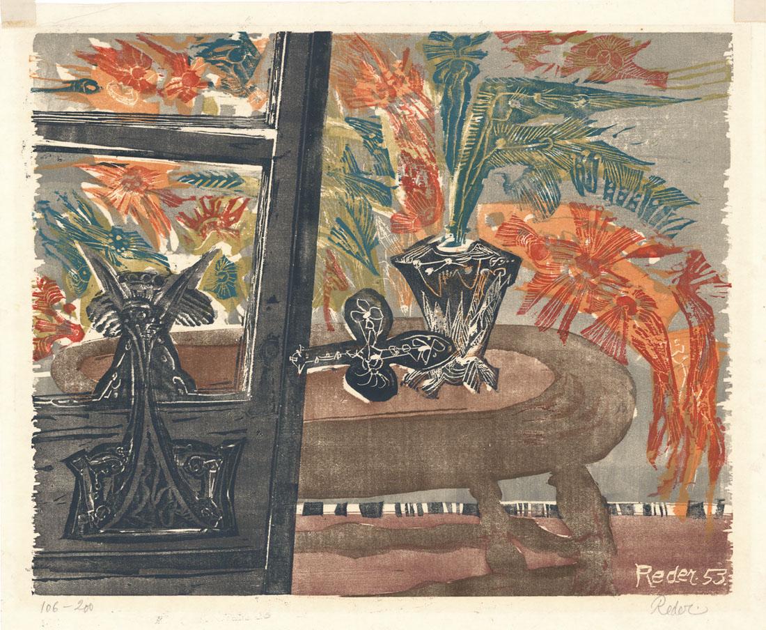 Bernard Reder, Still Life, Woodcut: Title: Flowers Behind the Door. Bernard Reder (1897-1963) Color woodcut, 1953. Edition 200. Published by the International Graphic Arts Society. Signed in pencil. Inscribed "106-200." Also signed and 