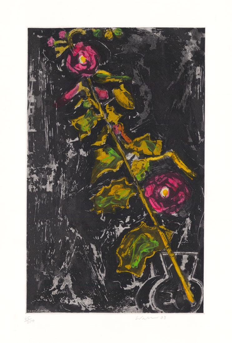 John Walker, Diagonal Hollyhocks, Aquatint: Title: Diagonal Hollyhocks. John Walker (1939 -) Aquatint with additions of handcolor, 2003. Edition 200. Published by the Print Club of New York. Signed and dated in pencil. Inscribed "45/200." Im