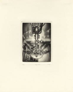 Carol Wax, Singer Needle, Mezzotint: Title: Singer Needle. Carol Wax (1893-1988) Mezzotint, 1990. Edition 100. Signed and titled in pencil. Inscribed "46/100." Image size 4 1/4 x 3 1/8" (10.6 x 7.9 cm). Carol Wax is an American artis