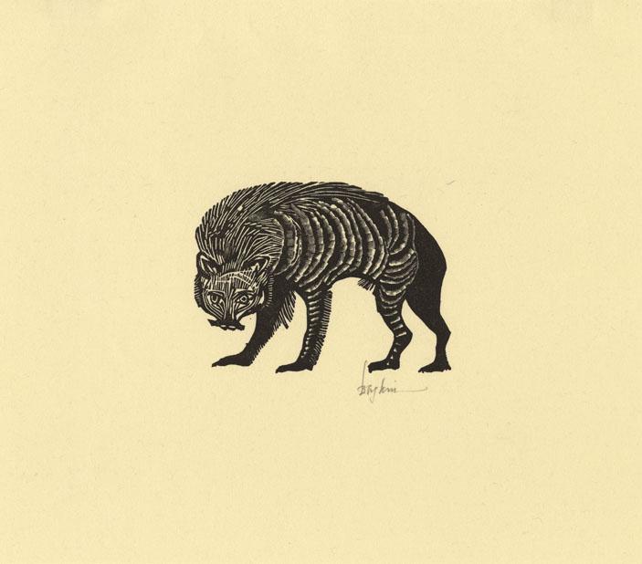 Leonard Baskin, Hyena, Linoelum Cut: Title: Hyena. Artist: Leonard Baskin (1922-2000) Medium: Linoleum cut, 1951. Edition unknown. Published by The Gehenna Press. Signed in pencil. Image size 3 x 4" (7.5 x 10.1 cm). Leonard Baskin (1