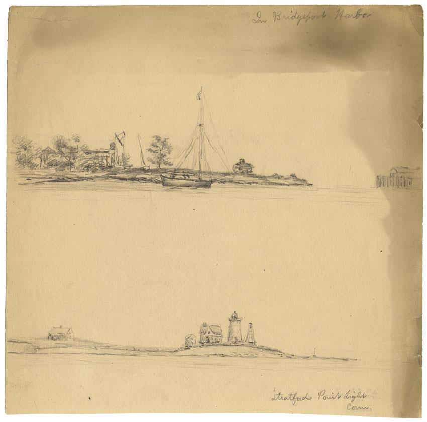 Reynolds Beal, Bridgeport Harbor, Stratford Point: Title: In Bridgeport Harbor. Stratford Point Light, Conn. Artist: Reynolds Beal (1867-1951) Medium: Pencil drawing, undated. Unsigned. Title along upper right paper edge & lower right paper edge i