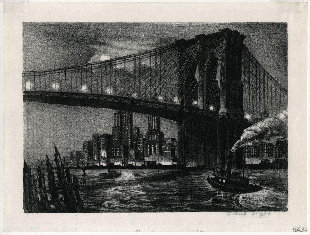 Richard Bergere, Brooklyn Bridge, Lithograph: Title: Twilight over Brooklyn Bridge. Artist: Richard Bergere (1911-2013) Medium: Lithograph, 1946. Edition 250. Published by Associated American Artists Signed in pencil, signature rubbed. Image size