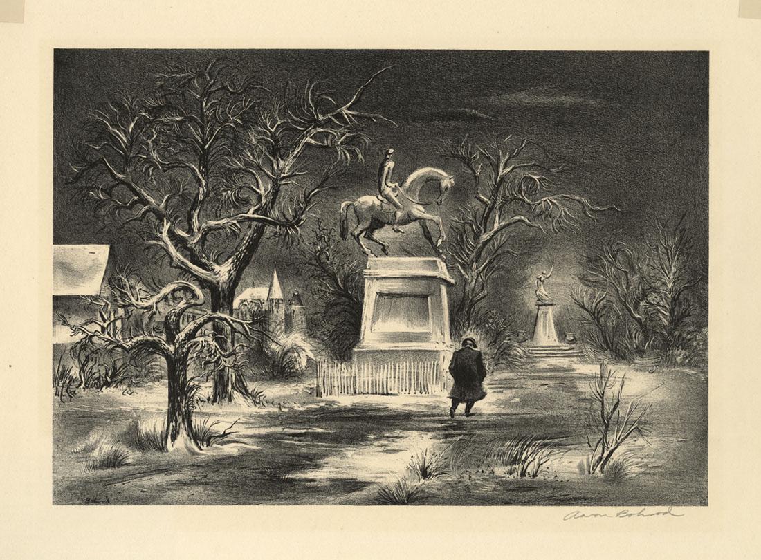 Aaron Bohrod, City Park, Winter, Lithograph: Title: City Park, Winter. Artist: Aaron Bohrod (1907-1992) Medium: Lithograph, undated. Edition 250. Signed in pencil. Also signed within stone. Includes the original AAA label. Published by Assoc