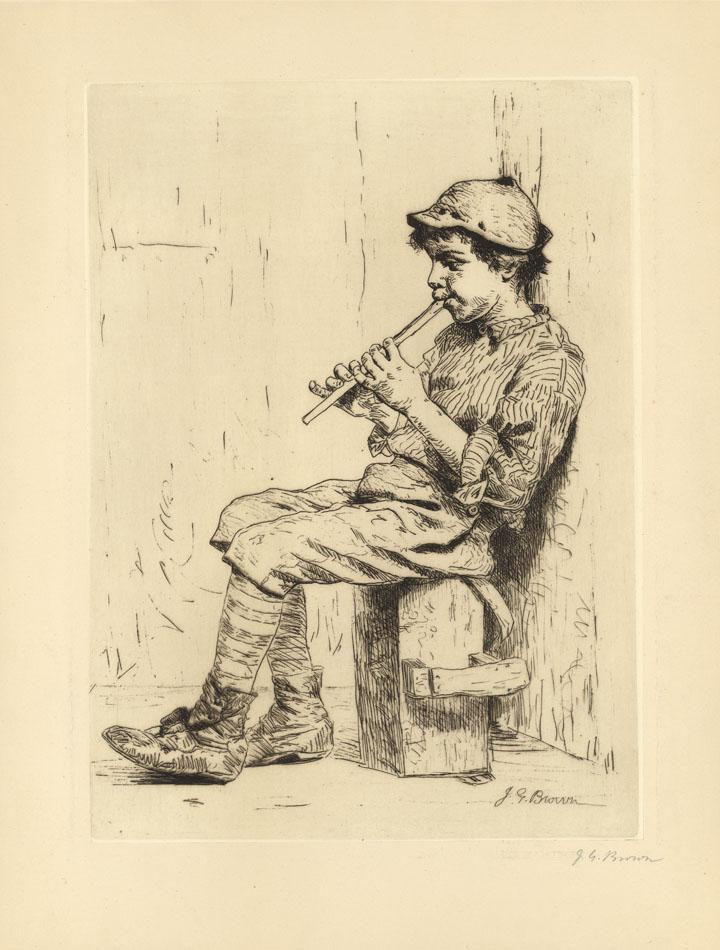 J. G. Brown, Business Neglected, Etching: Title: Business Neglected. Artist: J. G. Brown (1831-1913) Medium: Etching, 1951. Edition unknown. Signed in pencil. Image size 19 3/4 x 9 3/8" (33.8 x 23.8 cm). John George Brown (1831-1913) a hig