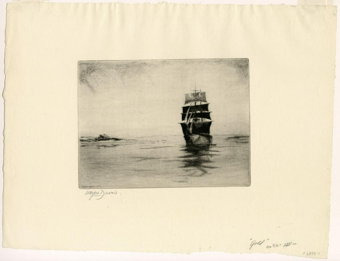 Wayne Davis, Gold, Drypoint: Title: Gold. Artist: Wayne Davis (1904-1988) Medium: Drypoint, c.1960. Edition unknown. Signed in pencil. Image size 5 15/16 x 7 15/16" (15.1 x 20.1 cm). Wayne Lambert Davis (1904-1988) studied at Co