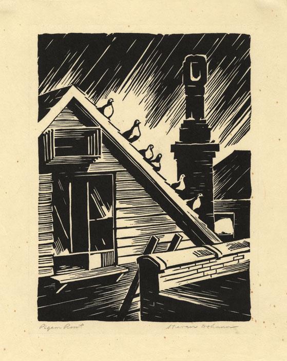Stevan Dohanos, Pigeon Roost, Linocut: Title: Pigeon Roost. Artist: Stevan Dohanos (1907-1994) Medium: Linoleum cut, 1932. Edition not noted. Signed and titled in pencil. Includes the original label from the Cleveland Print Makers. P