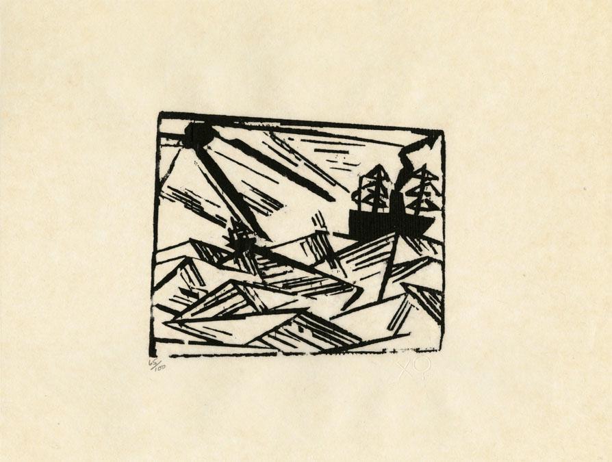 Lyonel Feininger, Ships, Waves, and Sun, Woodcut: Title: Ships, Waves, and Sun. Artist: Lyonel Feininger (1871-1956) Medium: Woodcut, c.1919, printed 1964. Edition 100. Printed and published by Associated American Artists. Unsigned, inscribed "65/