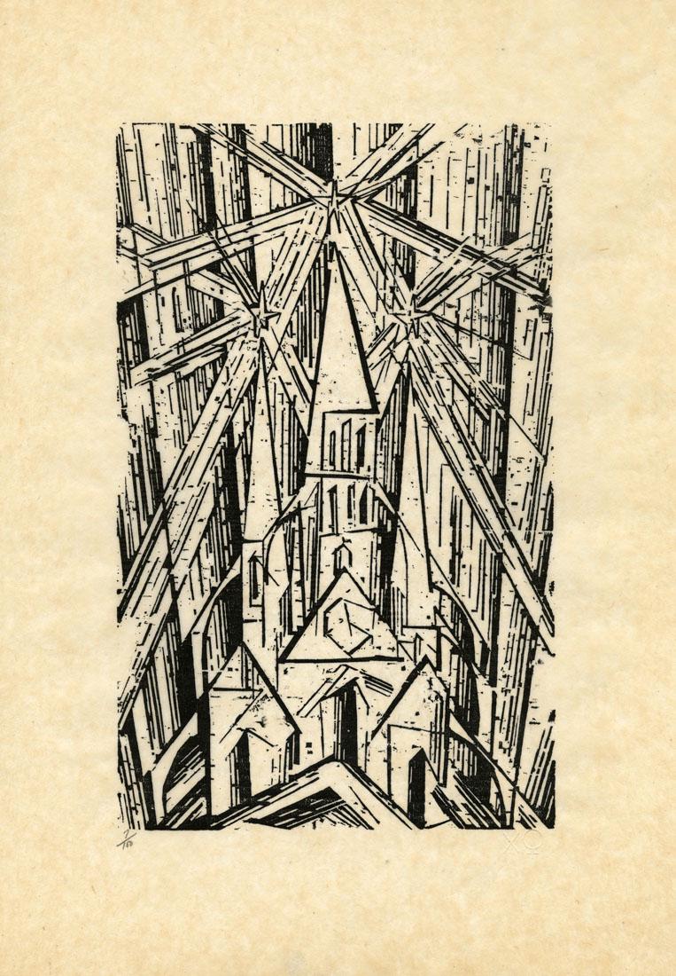 Lyonel Feininger, Cathedral, Woodcut: Title: Cathedral. Artist: Lyonel Feininger (1871-1956) Medium: Woodcut, c.1919, printed 1964. Edition 100. Printed and published by Associated American Artists. Unsigned, inscribed "7/100". Image s