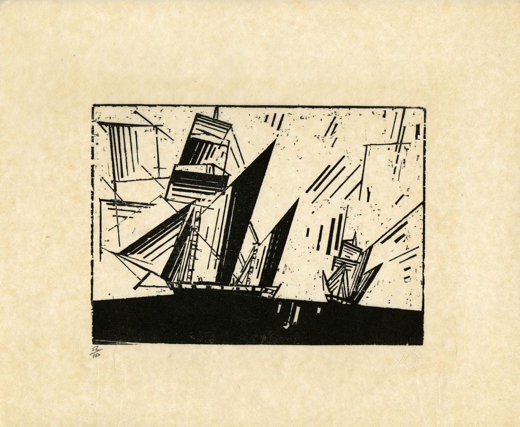 Lyonel Feininger, Topsail Ketches, 1, Woodcut: Title: Topsail Ketches, 1. Artist: Lyonel Feininger (1871-1956) Medium: Woodcut, c.1919, printed 1964. Edition 100. Printed and published by Associated American Artists. Unsigned, inscribed "56/100