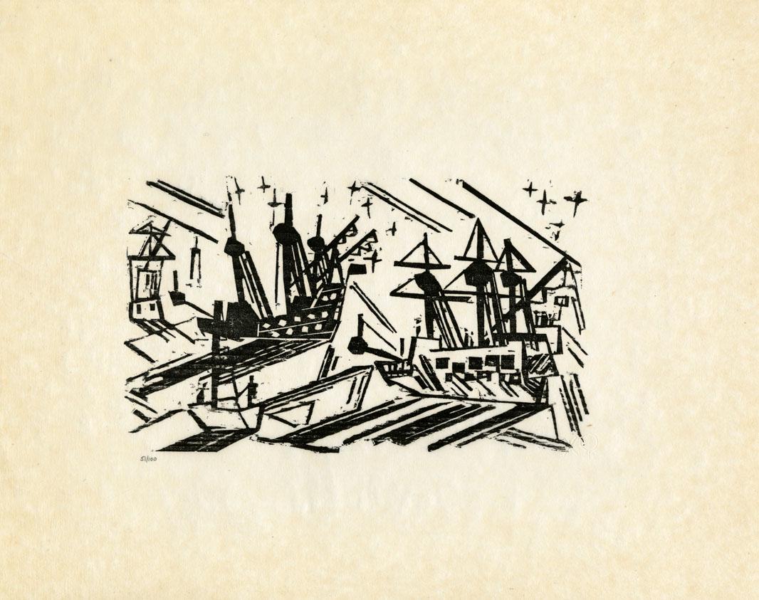 Lyonel Feininger, Ships & Stairs, Woodcut: Title: Ships & Stairs. Artist: Lyonel Feininger (1871-1956) Medium: Woodcut, c.1919, printed 1964. Edition 100. Printed and published by Associated American Artists. Unsigned, inscribed "51/100". I