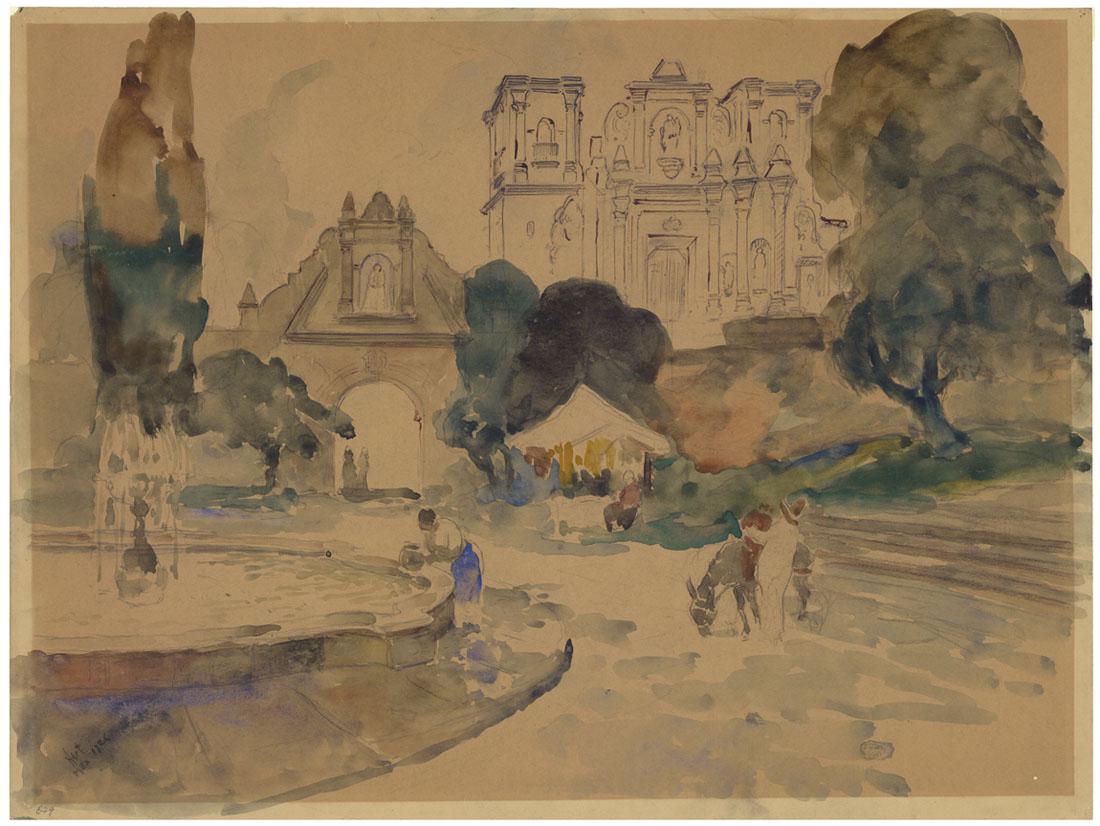 "Pop" Hart, Mexican Plaza, Watercolor: Title: Mexican Plaza. Artist: George Overbury "Pop" Hart (1868-1933). Watercolor, 1926. Signed lower left "Hart" inscribed "Mex 1926." Paper size 17 7/8 x 23 7/8" (45.4 x 60.7 cm). George Overbury "Po