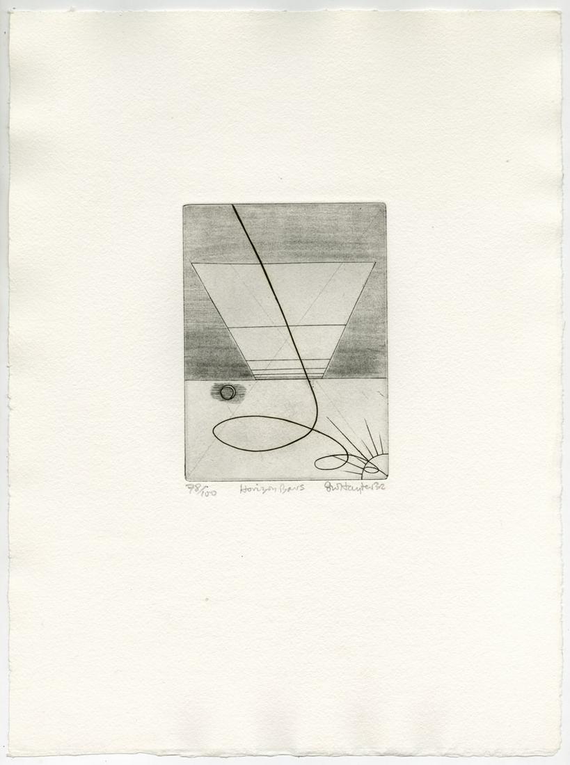 Hayter, Horizon Bars, Etching: Title: Horizon Bars. Artist: Stanley William Hayter (1901-1988) Medium: Etching and soft ground, 1932. Edition 100. Signed, dated and titled in pencil, inscribed "78/100". Image size 5 13/16 x 4 1/4" 