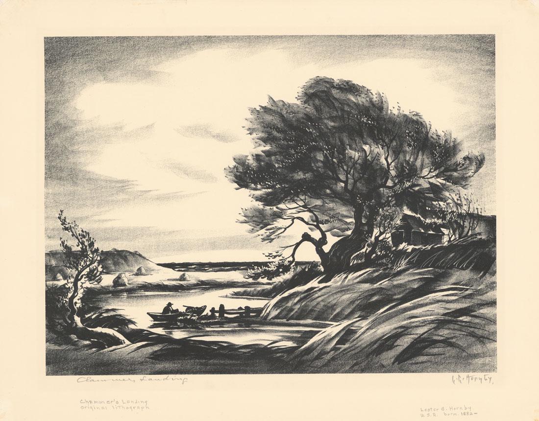Lester Hornby, Clammers Landing, Lithograph: Title: Clammer's Landing. Artist: Lester G. Hornby (1882-1956). Lithograph, undated. Signed and titled in pencil. Edition not noted. Image size 12 x 16 1/16" (30.3 x 40.8 cm). Lester Hornby was an Ame