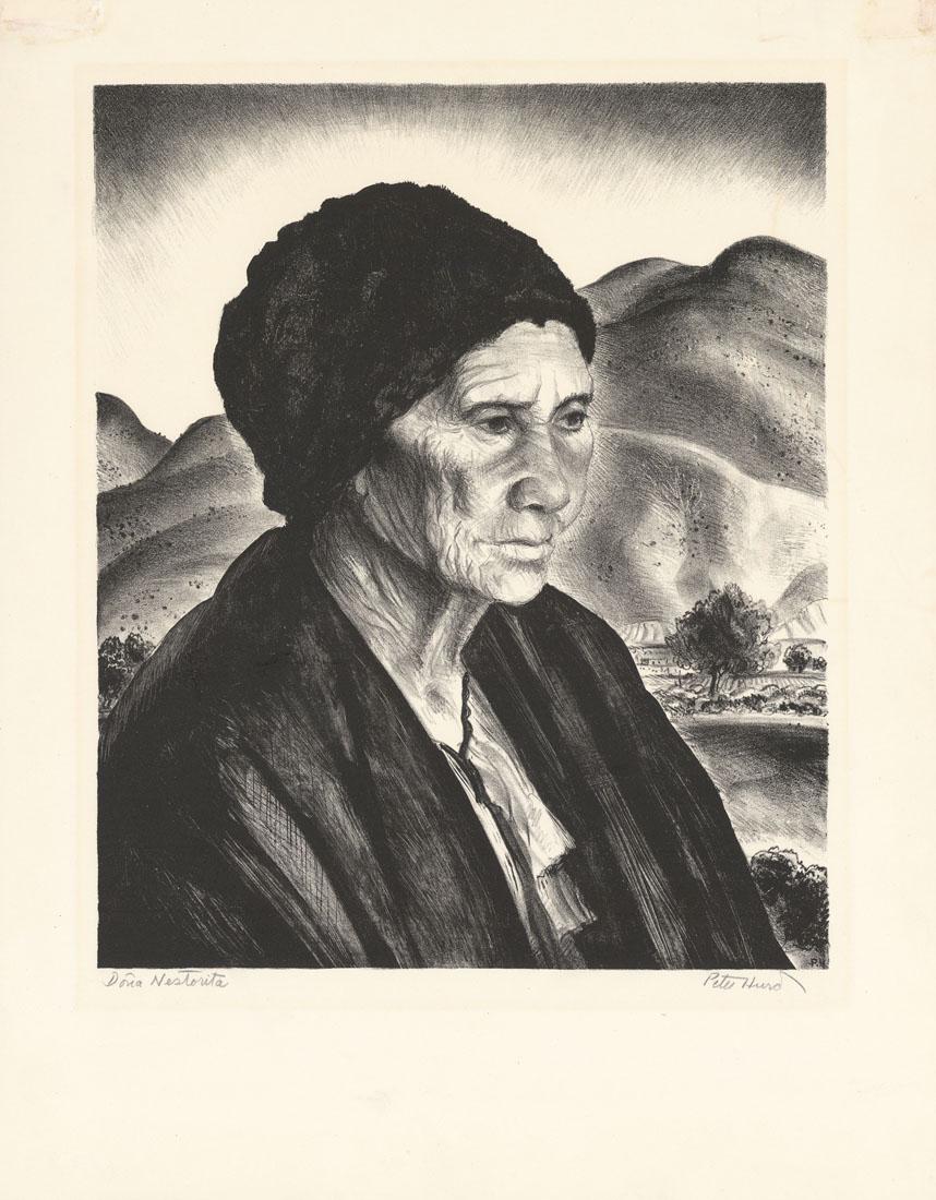 Peter Hurd, Dona Nestorita, Lithograph: Title: Dona Nestorita. Artist: Peter Hurd (1904-1984). Lithograph, 1942.Signed and titled in pencil. Edition 50.Circulated by Associated American Artists. Image Size: 13 3/16 x 10 7/8" (33.4 x 27.6
