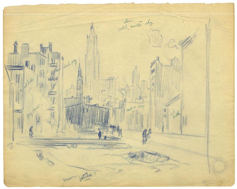 Martin Lewis, St. Paul's, Wall Street: Title: St. Paul's, Wall Street. [Untitled]. Artist: Martin Lewis (1880-1962) Medium: Drawing, c.1920. Unsigned. Stamped by the estate on verso, "Collection of Lucile Deming Lewis" and marked "LDL-727.