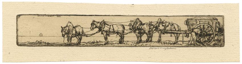 Donald Shaw MacLaughlan, Draught Horses, Etching: Title: Draught Horses. Artist: Donald Shaw MacLaughlan (1876 -1938) Medium: Etching, 1926. Edition c.50. Signed in pencil. Image size 1 x 6 3/4" (2.1 x 17.2 cm). #92 in "A descriptive catalogue of