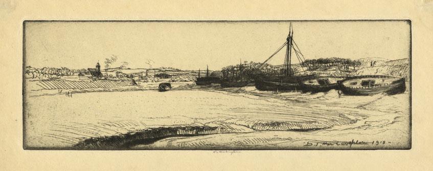 Donald Shaw MacLaughlan, On the Hayle, Etching: Title: On the Hayle. Artist: Donald Shaw MacLaughlan (1876 -1938) Medium: Etching, 1919. Edition not noted. Signed in pencil. Signed and dated within the plate. Image size 3 1/2 x 10 1/2" (8.9 x 2
